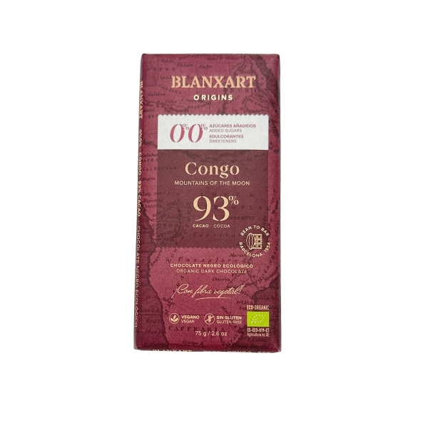 Una barra vegana y sin gluten de chocolate negro del Congo con 93% de cacao