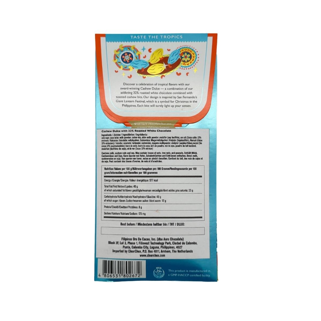 La parte trasera del envase de una tableta de chocolate sabor anacardo dulce de la marca Auro