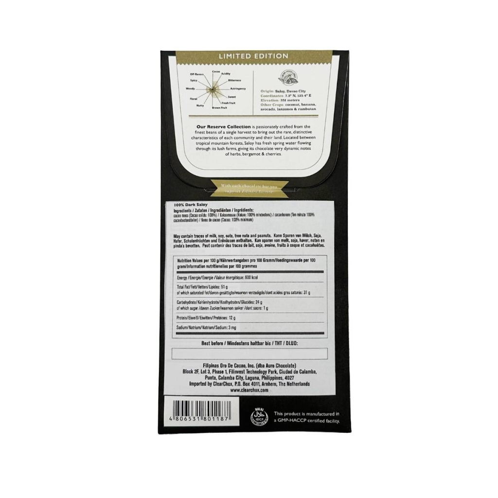 Una barra de chocolate negro con sabor a saloy de la marca Auro