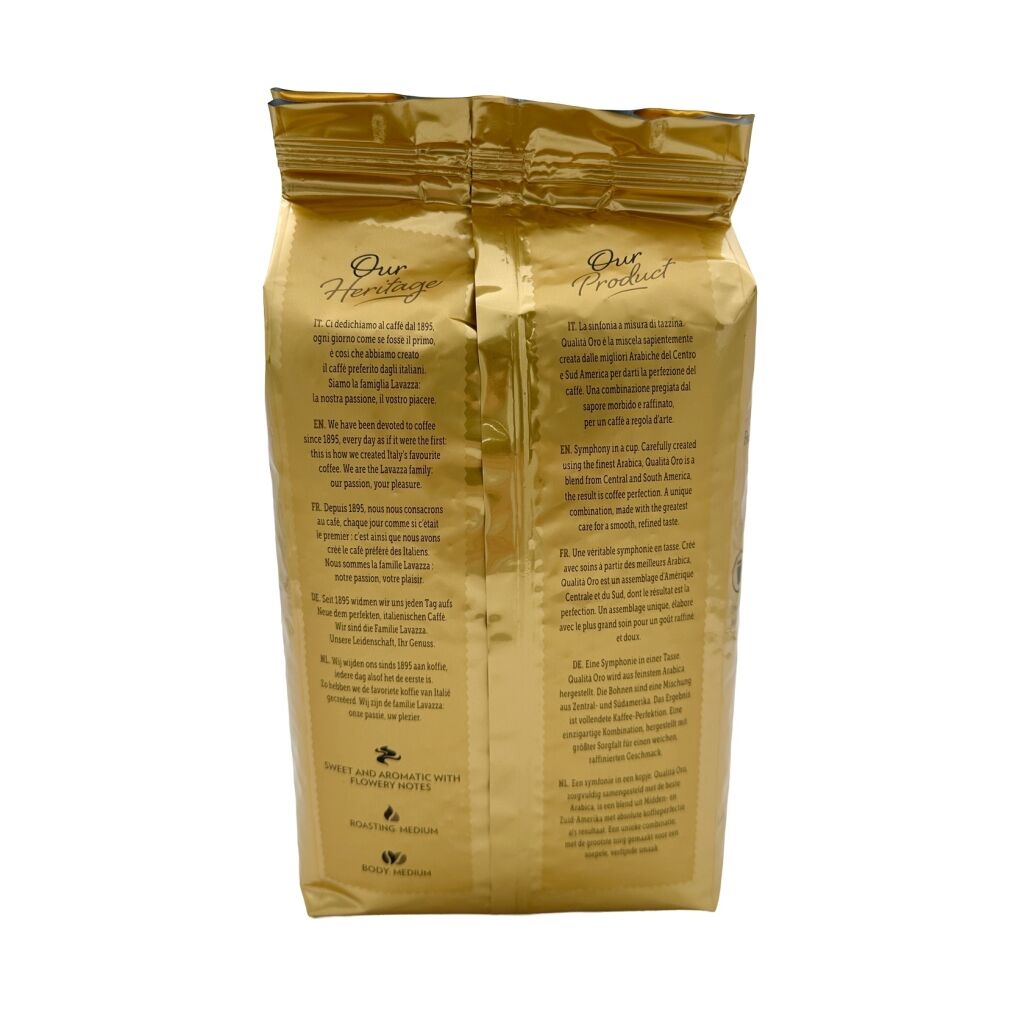 Achterzijde van een zak Lavazza Qualità Oro Koffiebonen van 1 kilo