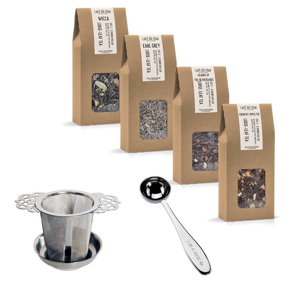 Pack de inicio de té suelto - 4 x 100 g de té suelto con colador de té y cuchara dosificadora